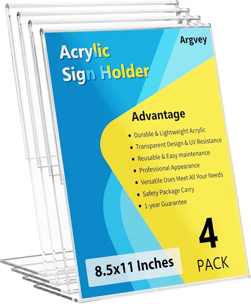 Argvey 4 Pack Acrylic Sign Holder 8.5x11, Clear Plastic Slanted Back Sign Holders, Desktop Papers Menus Frame Flyer Document Holder Display Stand for Coffee Shops, Hotels, Offices, Public Spaces - Image 1